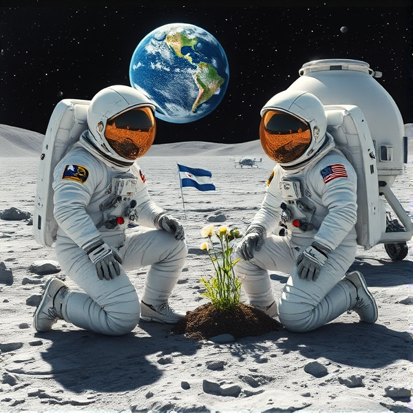 Trois astronautes vêtus de combinaisons spatiales de la NASA blanches et perlées, avec des détails finement ouvragés et des accents chromés brillants, portent des écussons distinctifs sur leurs uniformes. Ils s'agenouillent sur le sol lunaire gris texturé, entourés par des reflets miroitants dus à la surface réfléchissante de leurs équipements. Un extraterrestre géant amical à la peau iridescente se tient à leurs côtés, captant les étincelles stellaires du cosmos. L'un des astronautes se consacre minutieusement à planter des graines de pavot dans un substrat riche au sein d'un biodôme lunaire transparent avec système hydroponique avancé et éclairage artificiel simulant le spectre solaire pour la photosynthèse terrestre. Les visières volumineuses et réfléchissantes des casques d'astronautes montrent le paysage lunaire avec précision tandis que les gants tactiles manœuvrent divers outils spécialisés. En arrière-plan, un module lunaire stylisé arbore l'emblème du Québec, alors que la Terre flotte majestueusement avec des teintes naturelles en toile de fond. Des instruments scientifiques hautement précis parsement le site: capteurs environnementaux, moniteurs de croissance végétale dotés d'intelligence artificielle et panneaux solaires flexibles. Un fanion du Manchester City Football Club est placé non loin du module habitable comme symbole du lien entre sport et sciences spatiales. Le relief accidenté présente cratères marqués et monticules lunaires contrastant avec les infrastructures humaines sur ce territoire extraterrestre. Une lumière douce et diffuse baigne cette scène sous un ciel nocturne étoilé où constellations sont dessinées avec exactitude dans un gradient allant du noir profond au bleu outremer vibrant. Près du biodôme flotte un drapeau acadien tandis qu’un vaisseau spatial extraterrestre est visible aux côtés d'autres créatures venues d'ailleurs accompagnées d'un drone technologiquement avancé; tous sont rassemblés près du site où flotte également un fanion représentatif du Québec, sans oublier plusieurs cactus lunaires autour ajoutant une touche organique à cette colonie cosmique accueillante