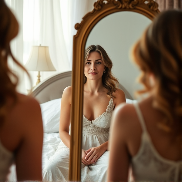 Lady looking at herself in her bedroom mirror.