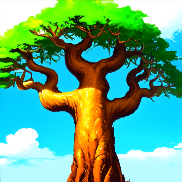 majestueux baobab aux feuilles vertes luxuriantes, éclairé par une douce lumière dorée du matin, ciel bleu clair en arrière-plan avec quelques nuages légers