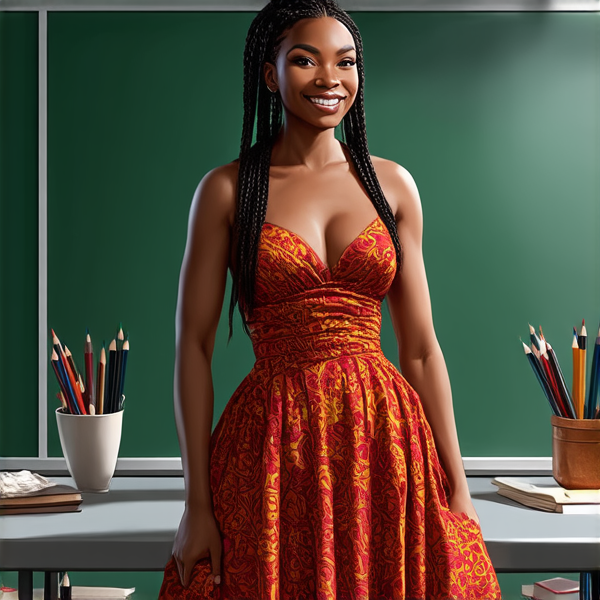 Une institutrice africaine élégante de 50 ans avec des tresses africaines traditionnelles, vêtue d'une robe africaine se tient debout devant un tableau noir dans une salle de classe lumineuse et bien rangée, souriante et prête à enseigner. Elle est entourée d'élèves noirs âgés de 10 ans et de fournitures scolaires typiques comme des livres, des cahiers et des crayons, accentuant son rôle d'éducatrice.