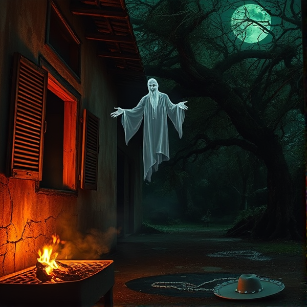 Scène de nuit oppressante dans un village mexicain, avec une ambiance chargée de mystère suite à un meurtre non résolu. Au premier plan, des braises incandescentes d'un barbecue fumant projettent des ombres sinueuses sur les murs fissurés d'une hacienda abandonnée aux volets endommagés. Fenêtres brisées entrouvertes laissant passer des courants d'air qui semblent chuchoter d'anciens secrets. Un spectre translucide flotte, dégageant une aura sinistre avec des mains tendues en quête de justice ou pour jeter une malédiction. Sa forme se détache nettement dans une brume légère, renforçant son allure fantomatique. En arrière-plan, des formes menaçantes émergent à peine derrière le rideau épais d'une forêt tropicale dense sous une lumière lunaire verdâtre qui perce à travers les branches agitées par le vent. Les branchages entrelacés dessinent un labyrinthe sombre évoquant des figures surnaturelles en mouvement. Des cris d'animaux nocturnes rompent le silence lourd, et le sol regorge de signes macabres : un sombrero déformé près d'une flaque sombre, un collier avec des pierres luminescentes éparpillées et une photo partiellement carbonisée visible sur le sol foulé hâtivement par ceux en fuite.