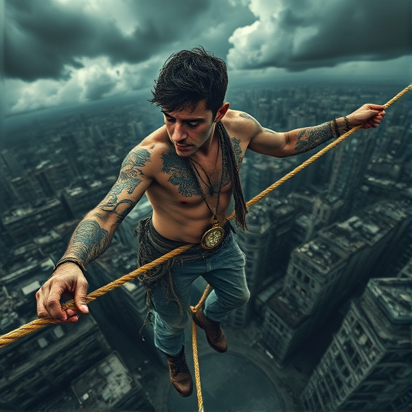 A weathered tightrope walker in tattered costume balancing precariously on a fraying rope above a desolate urban landscape, face etched with despair under a stormy sky, intricate tattoos of timepieces and chains visible on his exposed arms suggesting the relentless march of time and the bondage of fate, single teardrop glistening on his cheek as he gazes downwards towards the abyss, an antique pocket watch hanging heavily from his belt hinting at the weight of past mistakes; hyper-realistic style capturing every fiber of the frayed rope and texture of the decaying buildings, moody lighting with sharp contrasts emphasizing the depth of shadows cast by the brooding clouds overhead, dramatic high-angle view looking slightly down upon the scene to enhance the vertigo-inducing height and precariousness of his situation