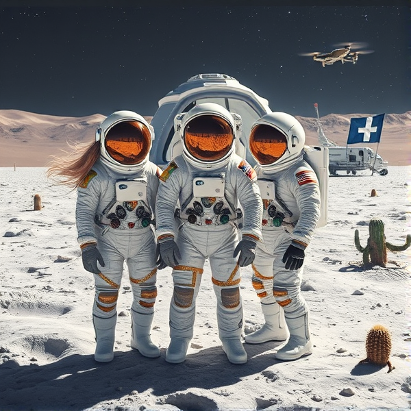 Trois astronautes se tiennent côte à côte sur le sol lunaire couvert de régolithe brillant. Au centre, un humain et, de chaque côté, deux extraterrestres aux traits captivants. Le premier extraterrestre est coiffé d'une chevelure blonde flottante qui s'échappe élégamment de son casque transparent en apesanteur. Leur tenue spatiale est immaculée, rehaussée de motifs dorés complexes et incrustée de joyaux scintillants qui réfléchissent la lumière des étoiles, avec des finitions chromées miroitantes. Chacune arbore un écusson unique représentant leur mission spatiale singulière. Accroupis, ils manipulent habilement des instruments scientifiques pointus avec des gants spécialement conçus.

Au sein d'un biodôme futuriste bâti avec des matériaux lunaires novateurs, un astronaute plante avec précaution des semences dans un jardin hydroponique sous une lumière simulant le spectre solaire. Les visières réfléchissantes de leurs casques captent et reflètent l'environnement désertique environnant. Derrière eux s'élève un habitat modulaire orné du symbole du Québec visible à travers une fenêtre panoramique offrant une vue sur la Terre.

À quelques pas se trouvent des équipements scientifiques avancés harmonieusement disposés près de panneaux solaires performants. Un drapeau du Manchester City Football Club ondule à proximité signifiant l'alliance entre sport et exploration spatiale.

Le paysage est ponctué par d'imposants cratères qui contraste avec les structures sophistiquées de la colonie sous une lumière douce alors que le ciel nocturne déployé arbore un bleu outremer intense parsemé d'étoiles scintillantes. Près du biodôme flotte le drapeau acadien tandis qu'à distance repose une navette spatiale extraterrestre au design élégant accompagnée par diverses créatures lunaires pacifiques. Un drone discret surveille les environs du pavillon québécois ajoutant à cette vue exotique agrémentée de cactus lunaires originaux et d'une charmante créature extraterrestre près du jardin hydroponique.argent dollard,liasse