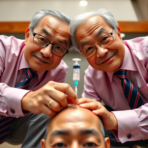 Deux hommes d'affaires chinois  âgés, , sont accroupis en avec des cravates élégantes à rayures bleues et rouges. Ils fixent la caméra avec confiance, une expression sérieuse sur leur visage, tout en tenant fermement une seringue plantee dans une tête non visible dans le cadre. La photographie est prise en contre-plongée pour mettre en évidence leur posture imposante. Leurs chemises sont d'une teinte rose  et ils affichent un sourire contraint qui trahit une certaine froideur.