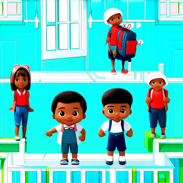 bâtiment d'une école primaire traditionnelle avec cours de récréation, enfants noirs africains en uniforme scolaire chemise blanche et pantalons bleu marine avec des cartables