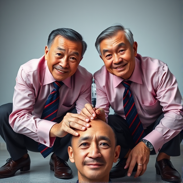 Deux hommes d'affaires chinois  âgés, , sont accroupis en avec des cravates élégantes à rayures bleues et rouges. Ils fixent la caméra avec confiance, une expression sérieuse sur leur visage, tout en tenant fermement une seringue plantee dans une tête non visible dans le cadre. La photographie est prise en contre-plongée pour mettre en évidence leur posture imposante. Leurs chemises sont d'une teinte rose  et ils affichent un sourire contraint qui trahit une certaine froideur.