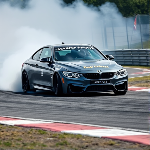 BMW M4 in a dynamic drift on an asphalt track with billowing tire smoke, aggressive stance, high speed action captured, detailed car livery showcasing sponsor logos, racing environment with trackside details like barriers and cones