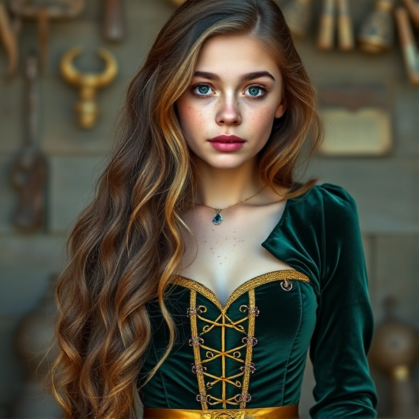 18 year old girl with long, wavy, light brown hair, hazel eyes, and a lot of freckles. She is wearing a forest green velvet dress with golden accents and a golden corset. She lives in Norway.