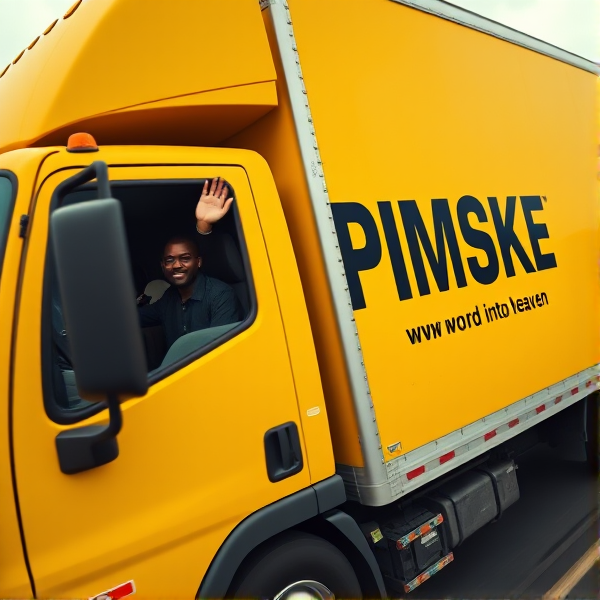 Black man waving out drivers side window of an all yellow moving truck that says the word "PIMPSKE" ON THE SIDE, truck driving into heaven