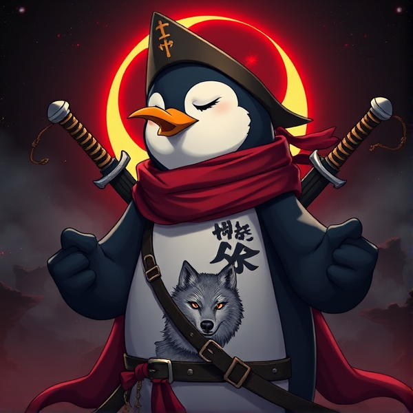 Pingouin maitre de l'éclipse lunaire et avec un écharpe rouge autours du cou et avec deux épées dans le dos et avec une tenue de pirate et avec un tatoo en forme de loup