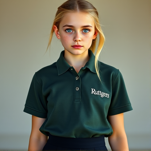 A photorealistic image of a youthful, blonde 19 year old girl with large, vivid blue eyes and delicate light freckles scattered across her cheeks. She stands in a full front body pose, clad in a dark green-gray polo shirt featuring subtle white lettering that reads "Ruttgers" near the left side of her chest. Her attire is completed with a sleek black mini skirt. The overall tone should convey the natural beauty of youth without excessive color saturation or makeup.