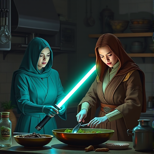 Female Jedi cooking in the kitchen with their lightsaber