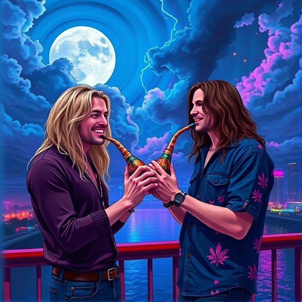 A vibrant 1980's retro wave scene depicting two ecstatic caucasian white skin hippy stoned stoners male long blonde hair guy and long brunette hair guy, friends basking in the neon hues of a mesmerizing moonrise at dusk, with blue lightning and a distant dark storm, standing on a bridge in the middle of the city holding a smokey pipe. The sky is a palette of swirling, blues and purples, reflecting the tranquility of the river running through the city. The duo, with wide smiles and relaxed postures, is surrounded by fluffy clouds, whimsical and ethereal multicolored neon light beams. They share a moment of bliss, passing a beautifully ornate pipe, adorned with intricate leaf patterns, as aromatic wisps of smoke curl into the air from smoking Marijuana. The atmosphere is infused with an otherworldly glow like tron, reminiscent of a dreamy painting fused with the mellow vibes of a concert. The whole setting is an 80's aesthetics, multicolored neon lights, city skyscrapers, computerized tron like society, new retro wave, synth wave, red Lamborghini, blue tron bike, smoking a pipe with smoke