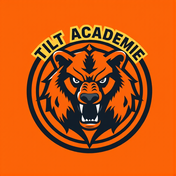 Logo d'équipe de soccer dynamique avec un grizzly féroce comme emblème central, couleurs dominantes orange et noir, forme circulaire avec une bordure noire épaisse, texte "Tilt Académie" en caractères audacieux encré à l'entoure sur le haut du cercle, fond stylisé évoquant le mouvement et la passion du sport, des éléments de football subtils intégrés dans le design