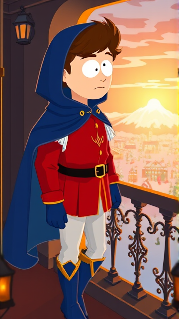 Clyde Donovan from South Park, light skin and brown hair, but as a 14-Year Old, dressed as a medieval prince with a red shirt with white sleeves, a black belt with a gold buckle, white pants, blue boots, blue long-cuffed gloves, and wreathed in a big, ankle-length blue hooded cape, now known as Prince Donovan. Despite still being a kid, he is the Youngest Ruler of South Park, Colorado, but now reborn as the real life Kingdom of Kupa Keep, Zaron, and Prince Donovan is its youngest and greatest hero. The young teenage prince of Kupa Keep is currently standing on his bedroom balcony in his new home of Kupa Keep Castle, looking at the amazing view of his newfound kingdom that was once the small mountain town he knew before.