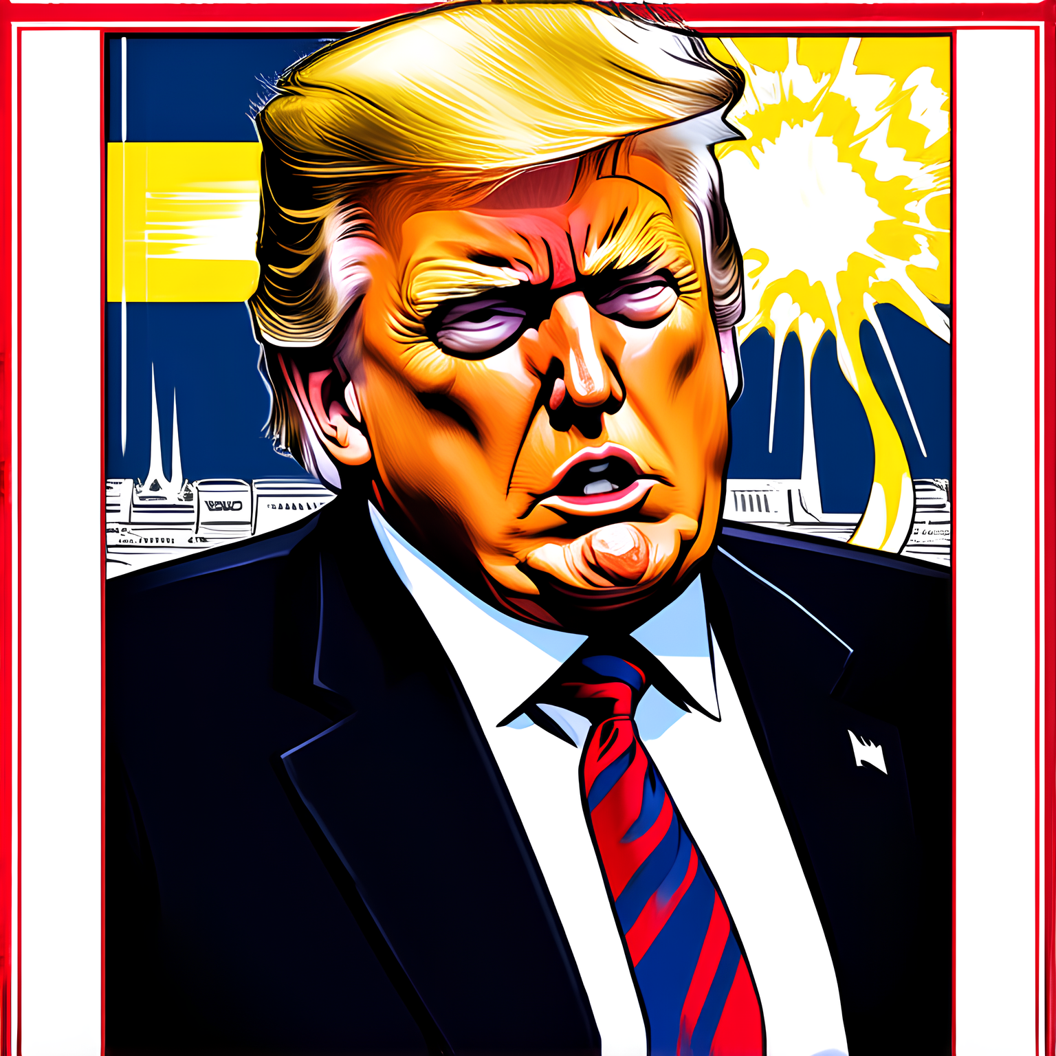 Donald Trump in a dramatic narrow escape, ducking swiftly as an unseen projectile whizzes by close to his head, expression of shock and agility on his face