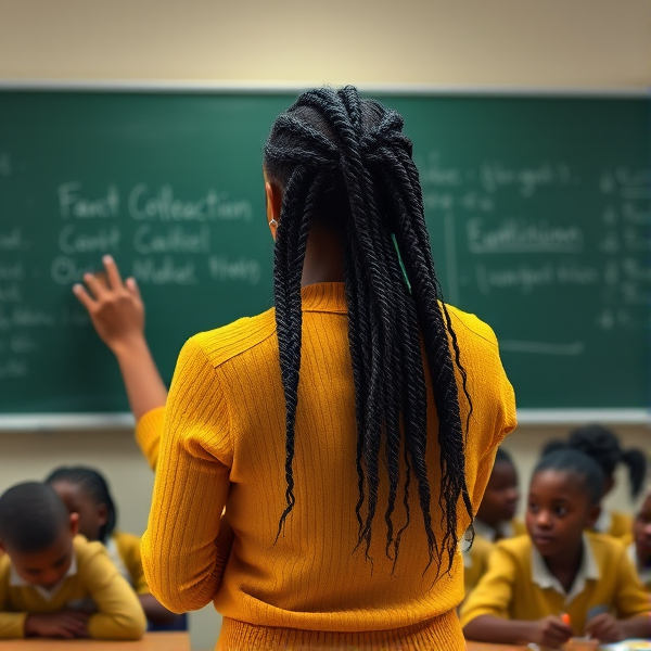 Une enseignante noire âgée de quarante ans coiffée de tresses africaines traditionnelles, portant un pull jaune  se tient le dos tourné en train d'y écrire à la craie blanche au tableau dans une salle de classe avec des élèves noires agés de huit ans.
