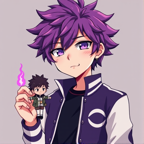 My hero academia oc. Purple fluffy hair. Varsity jacket. Holding a little doll of Dabi. Purple fire quirk