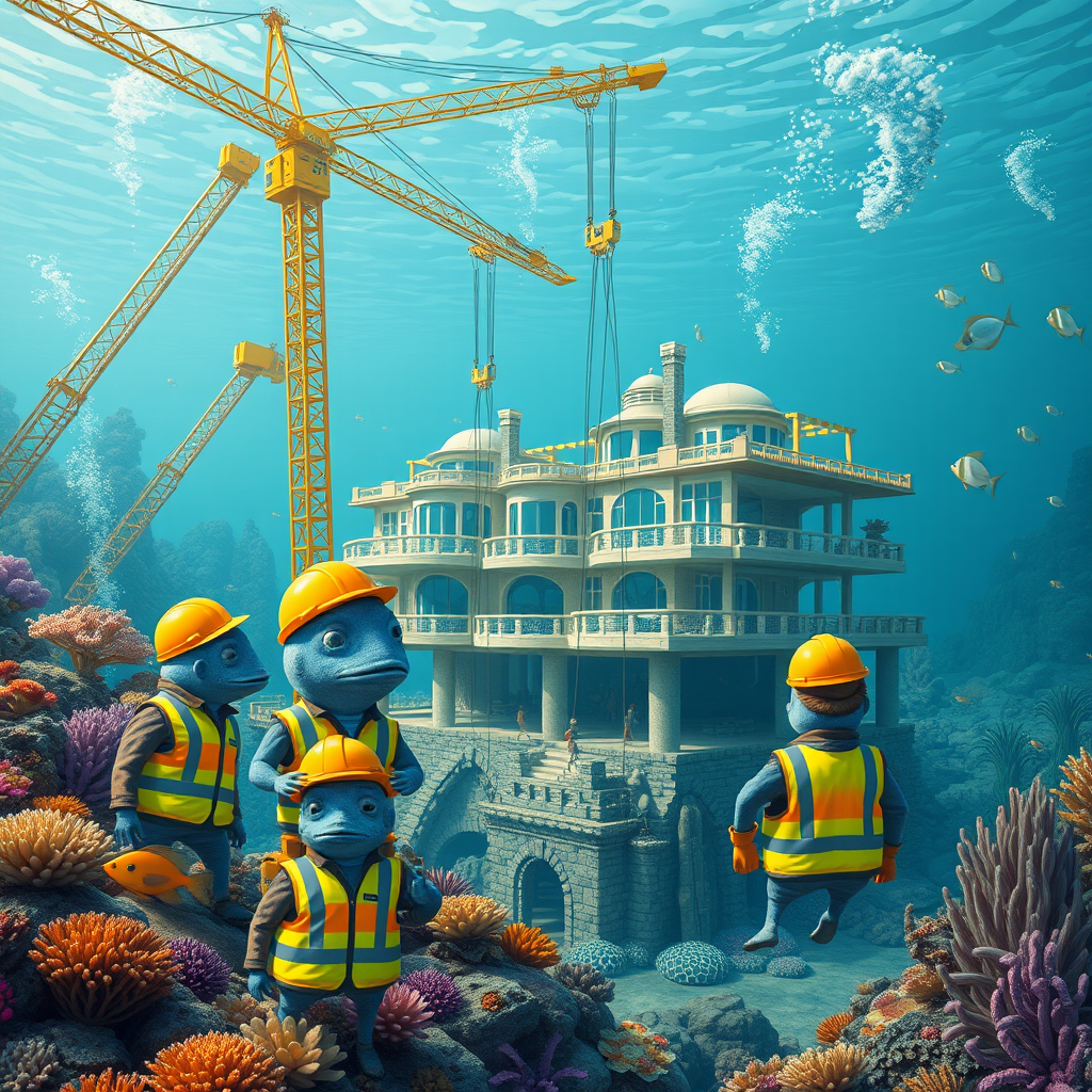 A bustling underwater construction scene with anthropomorphic fish in high-visibility vests, equipped with hard hats and tool belts, meticulously working on an exquisite underwater villa. The fish are using cranes and a variety of tools to erect the structure, all amidst a backdrop of detailed coral reefs and vibrant marine plants, showcasing a harmonious blend of oceanic life and industrious endeavor.