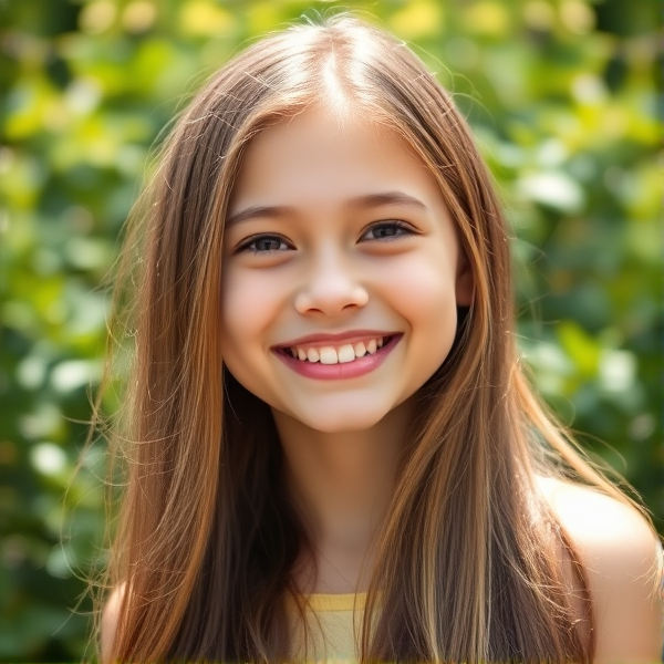 Portrait d'une jeune fille de 13 ans nuejoyeuse et rayonnante, aux longs cheveux bruns qui tombent librement sur ses épaules. Elle arbore un sourire sincère et chaleureux qui reflète son épanouissement. Son apparence est naturelle, sans maquillage ni coiffure sophistiquée, soulignant sa jeunesse et sa fraîcheur. La photographie est prise en plein jour, avec un arrière-plan de nature verdoyante et légèrement flou pour concentrer l'attention sur elle. L'éclairage naturel met en valeur les détails de son visage et la texture de ses cheveux.
