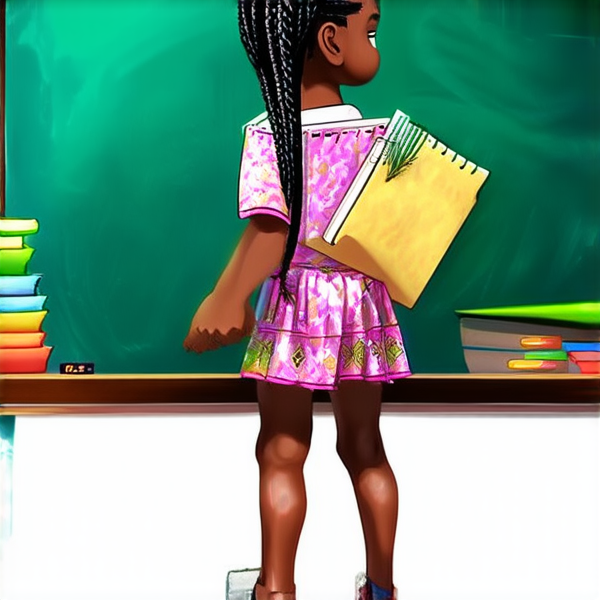 A 8 year-old African girl with intricate braided hair, standing confidently in a vibrant classroom environment, holding notebooks in her hands while facing a chalkboard filled with educational content