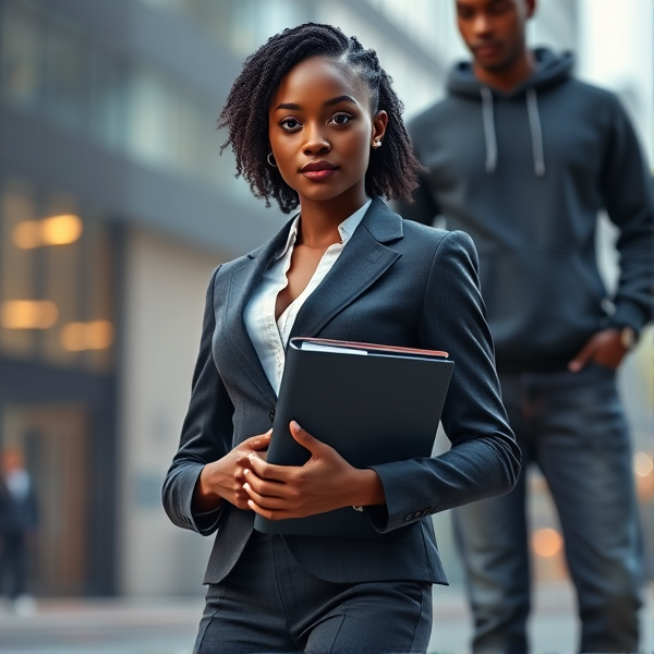 young African woman dressed in a stylish business suit, confidently holding a binder in her hands against an urban backdrop with a man behind her with jean and sweat shirt