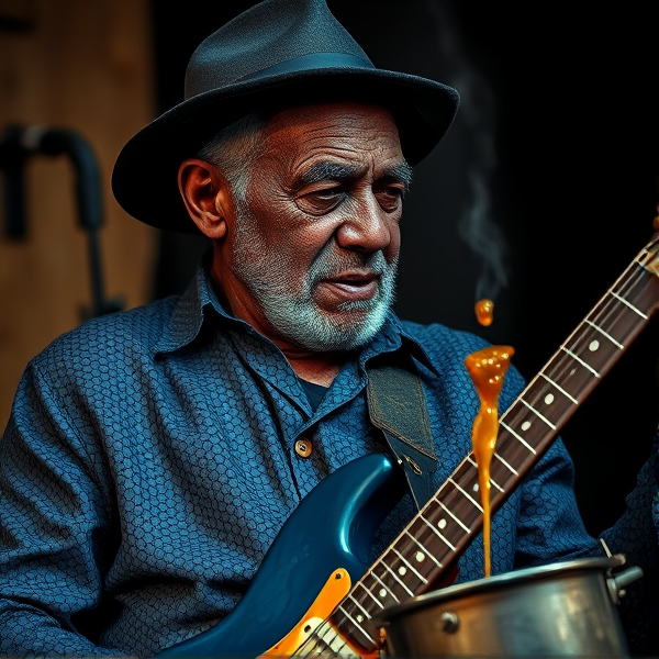 Cool old blues singer with blue lizard scales for skin. Pouring Gravy from a pot