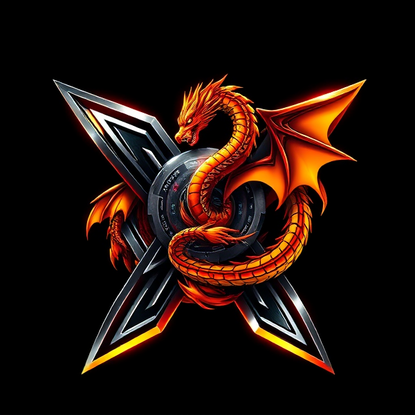 Intense and sharp contrast image of a Beyblade-inspired 'X' logo, emblazoned with an orange and black dragon in an energetic pose that embodies the fierce spirit of a powerful Beyblade. The 'X' is dramatically lit with a chiaroscuro effect, enhancing the metallic texture and depth, while the dragon's scales gleam with vivid detail against the stark, dark background. Its eyes blaze with a fiery glow, and its body coils around the 'X', poised as if ready to leap into battle. Dynamic light sources cast bold shadows and highlights that emphasize the energy and motion inherent in the design.