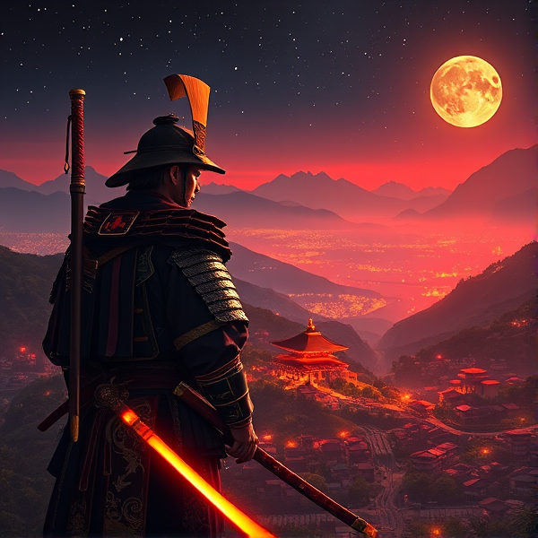 A samurai looking down on a Japanese village in a valley with a flaming sword on a mountain at the dead of night with glowing starts and a shining moon