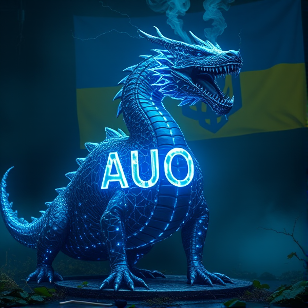An intricately designed, streamlined dragon bearing the vivid acronym "AUO" on its chest in a radiant, blue electric luminous font that casts an electric glow, emanating waves of intense energy. The dragon's scales are a masterpiece of detailed circuit patterns that shimmer with a lifelike electrical pulse. From its nostrils, ethereal streams of digital smoke curl upwards, timed with the deep, resonant roars that showcase its electrified sharp fangs. As a respectful nod to tribute and unity, incorporate elements of the Ukrainian flag within the composition. This majestic creature resides in a desolate post-apocalyptic landscape that accentuates its powerful presence. In the background is the Ukrainian flag, a rectangle, with the top half blue and the bottom half yellow..