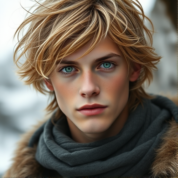 19 year old prince with messy golden hair, sharp facial features, and emerald eyes. He lives in Norway
