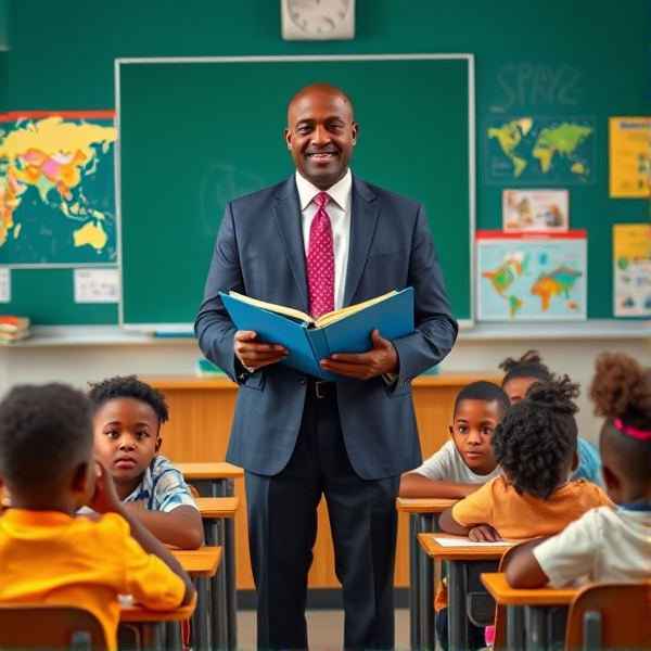 Directeur d'école afro-américain debout tenant un classeur ouvert dans ses mains portant un costume formel, dans une salle de classe avec un tableau vert, s'adressant  à un groupe d'élèves afro-américaines attentives de huit ans assises à leurs pupitres. Ils sont entourés de matériel pédagogique adapté à leur âge, comme des cartes géographiques, des affiches éducatives et des dessins d'enfants accrochés aux murs. La scène dégage une atmosphère chaleureuse et encourageante.