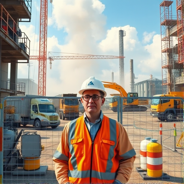 Industrial asbestos abatement site with airborne fiber monitoring pumps in place, active decontamination zone enclosed by temporary fencing. Photo depicts trucks, excavators at work, and an asbestos assessor supervising amidst demolition activities.
