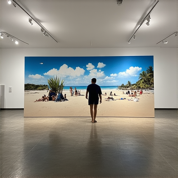 Une grand galerie d'art, à l'intérieur un mur en plein milieu de la salle (190cmx200cm d'épaisseur 20cm)avec deux faces, attention il ne touche pas le plafond il ne sépare aucune pièce le but et que les spectateurs peuvent tourner autour. La première face est une fresque d'une plage magnifique, sans humain, elle est tellement belle qu'elle a l'air irréelle, comme si que l'Homme n'y avait jamais mis les pieds, l'eau de la mer est éclatante, ça donne envie de de s'y baigner. La deuxième face, est la même fresque que la première MAIS cette plage ne donne pas envie de s'y baigner l'eau est salle, le sable n'est pas le sable blanc comme les plages paradisiaques, ça se voit que l'Homme y met régulièrement les pieds. À côter de ce mur il y a de la colle végétal et des déchets plastiques mis à dispositions, le but est que les spectateur colle les déchets sur la face "moche" du mur.
