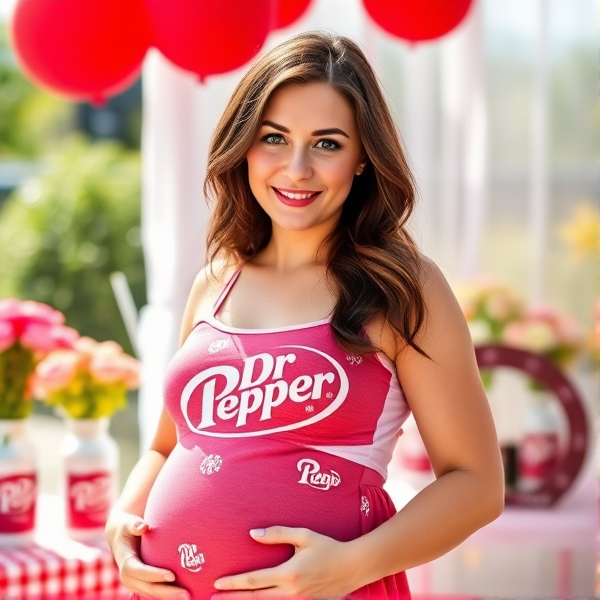 Pregnant woman with brown hair and blue eyes, at a Dr Pepper themed baby shower and it’s a nice sunny day outside