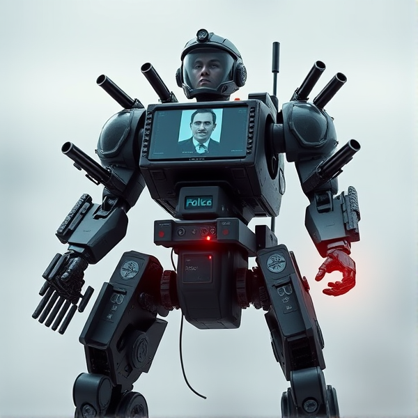 Picture of a computer game bipedal  police robot with many guns and a screen and face on it, of an english cockney man
