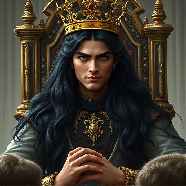 A regal young man personifying vanity, with luxurious long black hair cascading down his shoulders, intense green eyes that pierce the soul, and a smug grin etched on his face. He dons an ornate crown atop his head, seated imperiously upon a throne. At his feet kneel subdued peasants in a display of reverence.