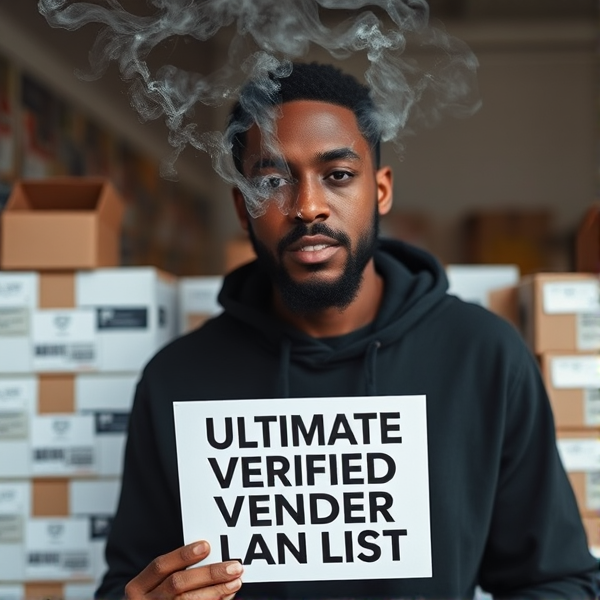 Black guy smoking  with boxes in the back ground . Holding paper that says ultimate verified vendor list