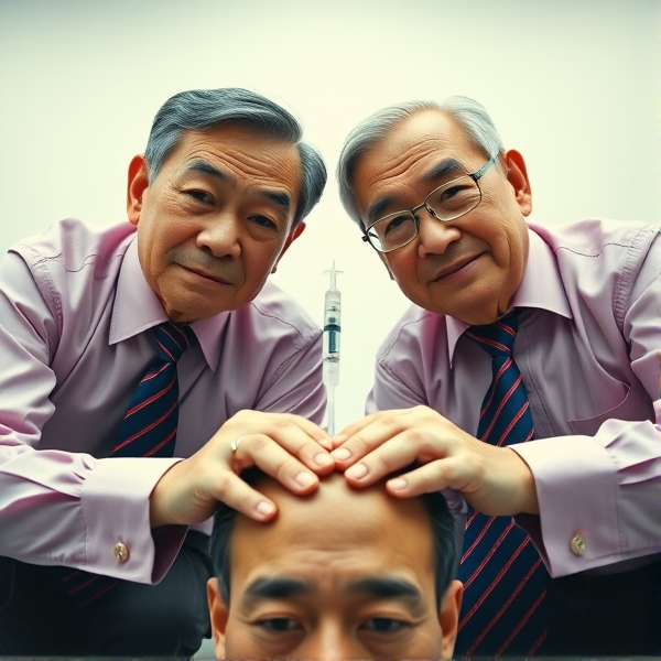 Deux hommes d'affaires chinois  âgés, , sont accroupis en avec des cravates élégantes à rayures bleues et rouges. Ils fixent la caméra avec confiance, une expression sérieuse sur leur visage, tout en tenant fermement une seringue plantee dans une tête non visible dans le cadre. La photographie est prise en contre-plongée pour mettre en évidence leur posture imposante. Leurs chemises sont d'une teinte rose  et ils affichent un sourire contraint qui trahit une certaine froideur.