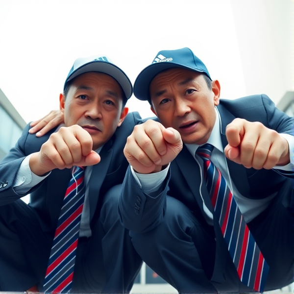 Deux  différents hommes d'affaires japonais puissants mature  accroupis et faché  portant des casquettes Adidas  et des cravates rayées longues  bleue rouge et oreillettes Apple 
Ils sont complices et conquérants , ils dominent 
 , accroupis pas trop et regard fort

Ils sont hypnotisant du regard , amis, complice , envoûtant , charismatique 
Ils se tiennent par les épaules , il fixent l objectif de la caméra,  faché pointing 

Vue contreplongée
Vue contreplongée 
Vue contre plongée