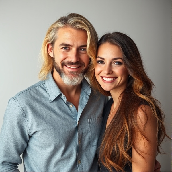 Long blonde haired man and brunette woman couple