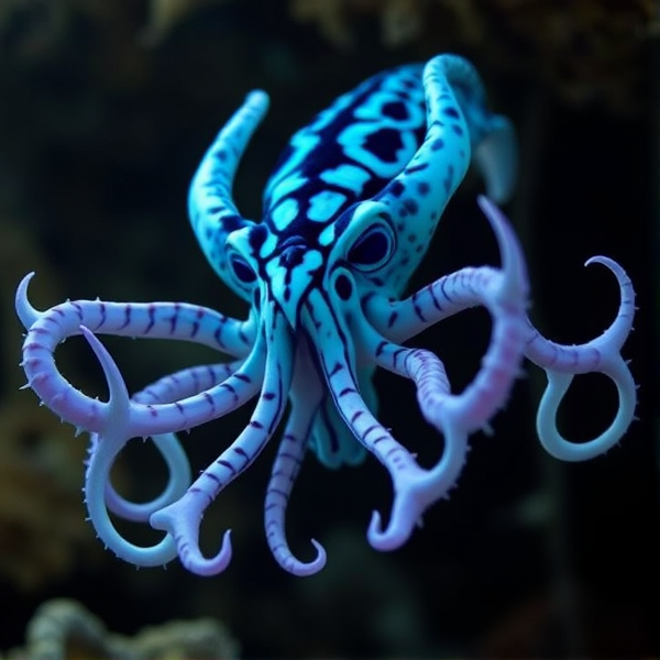 Create a hybrid with a blue glaucus's arms on a vampire squids head and a blue glaucus's pattern and a vampire squids body and the conected spikey tentacles