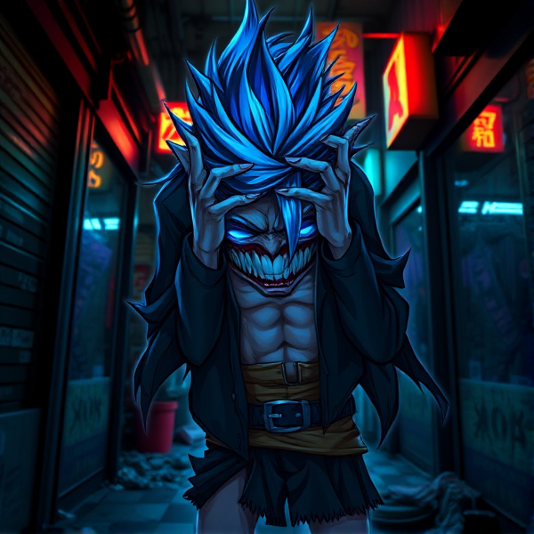 Teenage original character inspired by My Hero Academia, villainous appearance, with striking electric blue hair spiked and cascading down past sharp shoulders, piercing azure eyes glowing with a supernatural intensity. The figure is dramatically hunched over in a decrepit urban alleyway, its hands clutching at disheveled strands of hair and clawing at the sides of his head in a clear display of intense agony and shock. Tattered clothes reminiscent of a dark hero's costume hang off the lean frame, adding to the air of menace and despair. The scene conveys a strong emotion of distress and surprise, amidst flickering neon signs and shadows that cast an eerie glow on the chaotic tableau.