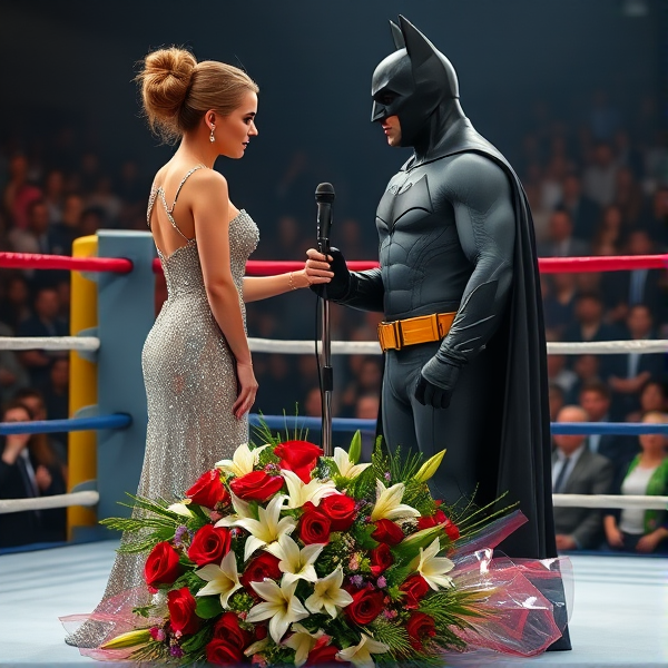 Une femme élégante vêtue d'une robe de soirée scintillante, aux cheveux coiffés en chignon sophistiqué, tenant délicatement la main de Batman qui est dans son costume emblématique noir et gris avec la cape ondulant légèrement. Ils se tiennent côte à côte face à un micro libre sur pied qui capte leur attention au centre d'un ring de boxe professionnel éclairé par des projecteurs. À leurs pieds repose un grand bouquet de fleurs luxuriant et coloré, composé de roses rouges, de lys blancs et d'un éventail de fleurs exotiques, enveloppé dans un papier transparent irisé avec un ruban élégant. Le ring est entouré par les cordes tendues et les poteaux rembourrés, avec une foule excitée et floue en arrière-plan qui attend avec anticipation leur discours ou performance.