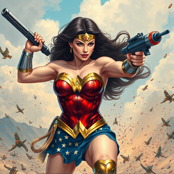 Wonder Woman en pleine action de combat, style 3D hyper-réaliste, dessin splendide avec une attention particulière aux détails du costume et de l'expression dynamique