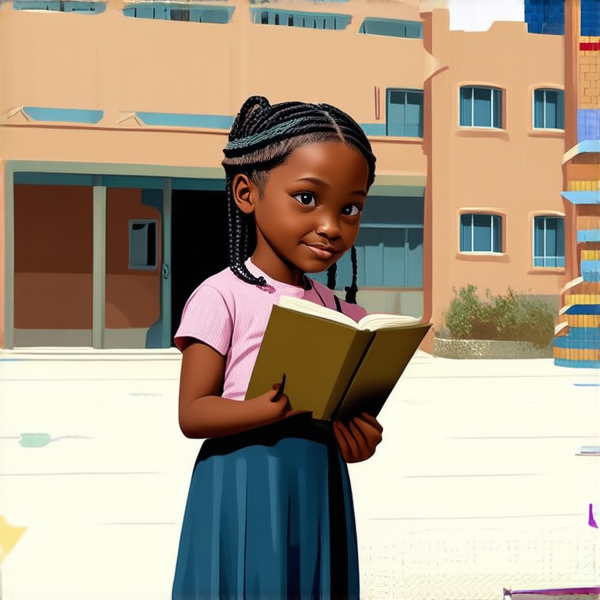petite fille noire de 8ans en robe avec des tresses africaines tenant un cahier devant une ecole