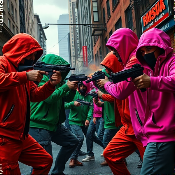 Intense urban showdown between rival factions, with one gang adorned in vibrant red and pink attire facing off against another gang decked out in varying shades of green, amidst a gritty city backdrop riddled with dynamic gunfire exchanges and dramatic action poses