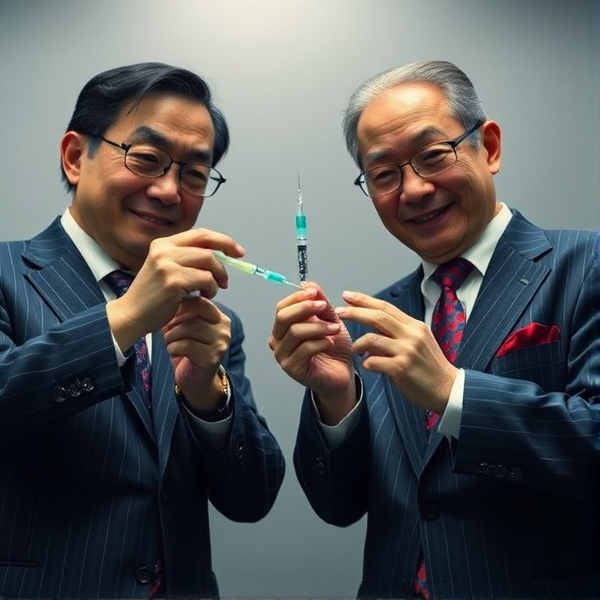 Deux hommes d'affaires japonais âgés, en costume formel et cravate longue à rayures bleues et rouges, sont accroupis et injectent avec précision le contenu d'une seringue dans une cible symbolisant un cerveau située hors champ de la caméra. Ils fixent l'objectif avec un sourire confiant. La scène est capturée en contre-plongée pour mettre en valeur leur geste déterminé et l'aspect stratégique de leur action.