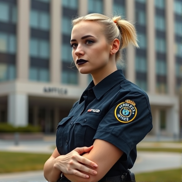 A pale skinned blonde hair tied back female 26 years old with black lipstick and black nail polish, wearing an NYPD uniform standing by a large office building.