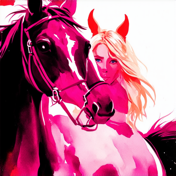 Aquarelle dynamique et détaillée : Femme avec des cheveux rose fuchsia ombrés en blond platine à la racine, tressés soigneusement. Elle monte un cheval au galop. La cavalière est vêtue d'un jean bien ajusté et affiche une posture élégante sur le cheval. L'arrière-plan est flou pour donner l'impression de mouvement rapide, mais la femme et le cheval sont peints avec précision et clarté.